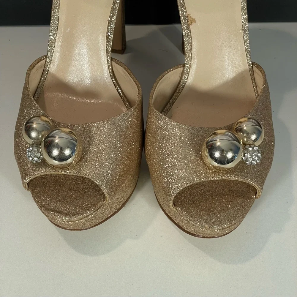 Nine West Gold Glitter Open Toe Platform Stiletto Ankle Strap Heel Shoe Sz 9